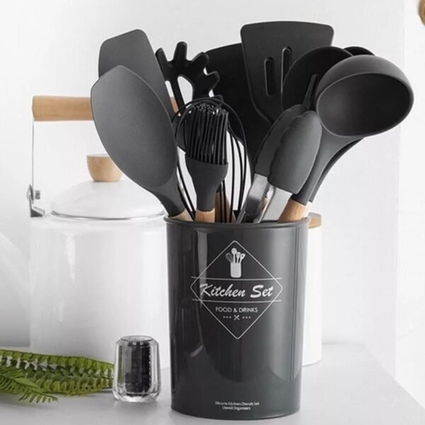 Jogo de Cozinha Kit C/12 Peças de Silicone, Utensílios e Copo Suporte para Cozinha Cabo de Madeira