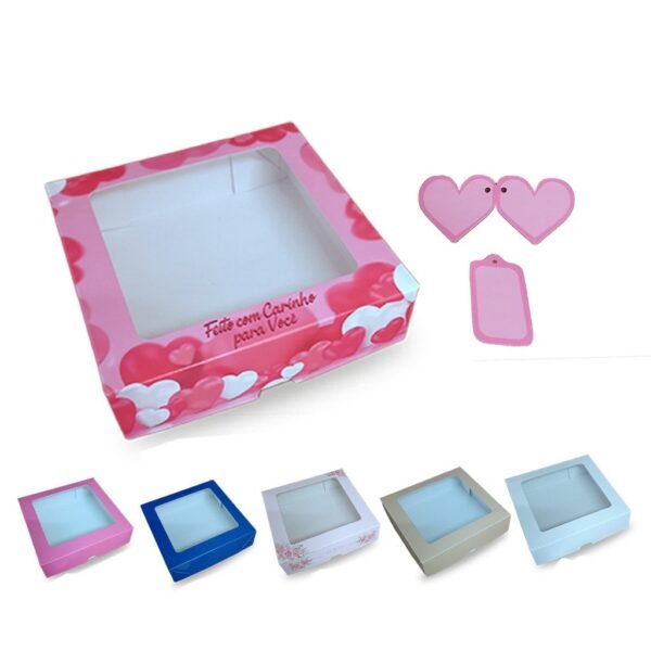 Caixa de presente com visor + tags | estampas coração, flores, rosa, bege, azul, branca tamanho 15x15x4cm