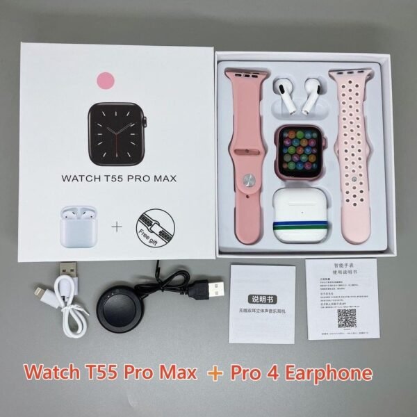 T55 Pro Max Smart Watch Com 4 Earbuds Set Hot-sale 2 Alças Bluetooth Chamada De Papel De Parede Personalizado
