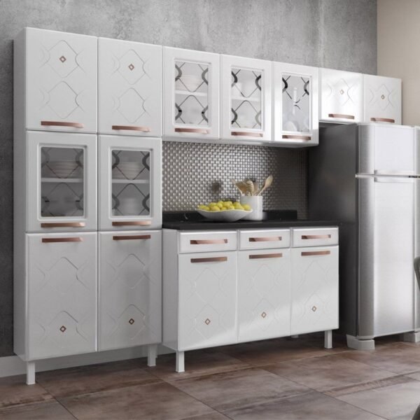 Cozinha Completa 14 Portas 2 Gavetas 5 Vidros Mirage New  Branco