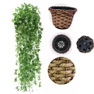1 Kit Vaso trançado + 2 Planta Pendurada Verde  Artificial Parede Varanda pendente verde caida Enfeite