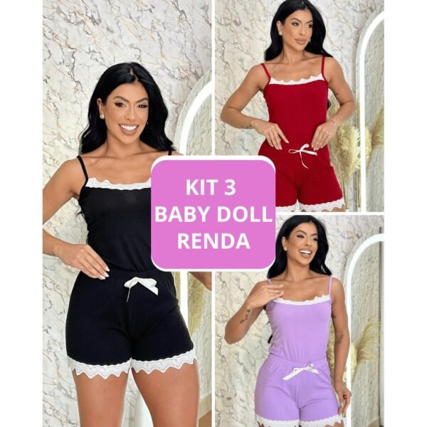 Kit 3 Babydoll Feminino  Canelado Com Renda Pijama Confortável Verão