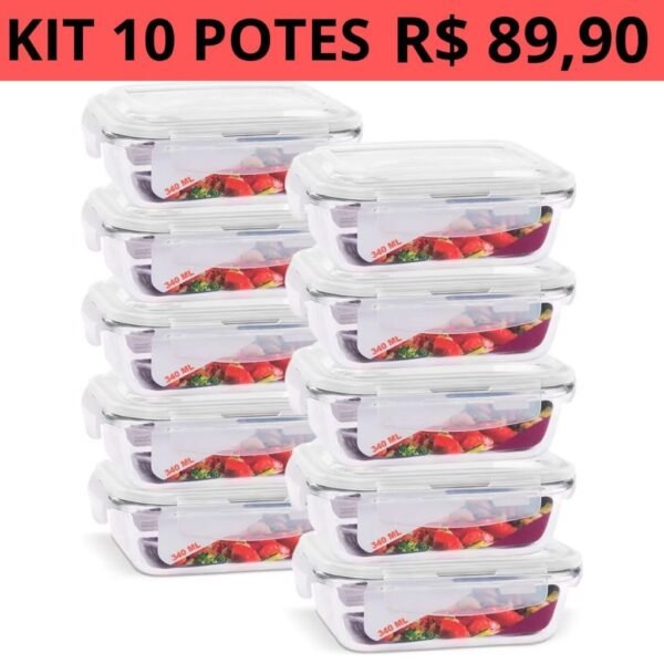 Kit 10 Pote Hermético de Vidro 340ml Marmita Fit Tampa 4 Travas Freezer Microondas Geladeira