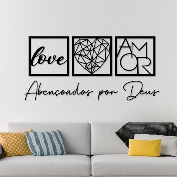 Kit 3 Quadros Decorativos Abençoados por Deus Love e Coração Geométrico Amor + Frase para Quarto Sala feito em MDF