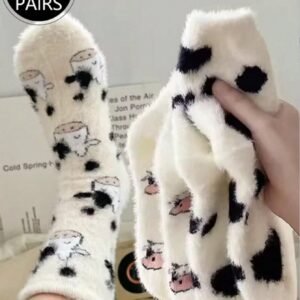 2 Pares de Meias Fofas de Flanela Coral Grossa e Quente com Estampa de Vaca, Meias e Meia-Calça de Seda Feminina, Macias e Confortáveis, Adequadas para Uso Diário, Natal, Calor Doméstico no Inverno