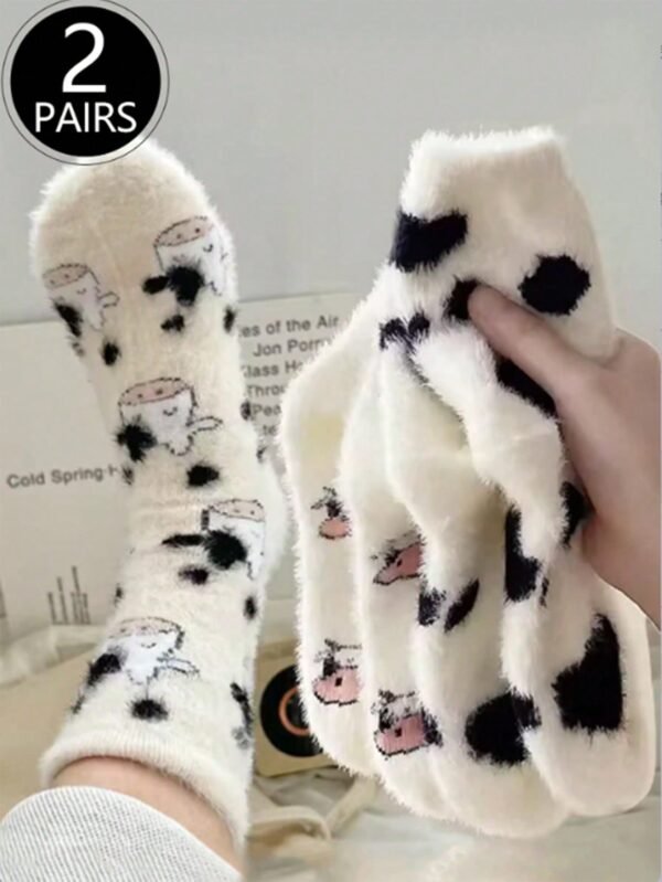 2 pares de meias fofas flanela coral grossa e quente com estampa vaca, meia-calça seda feminina, macias confortáveis, adequadas para uso diário, natal, calor doméstico no inverno