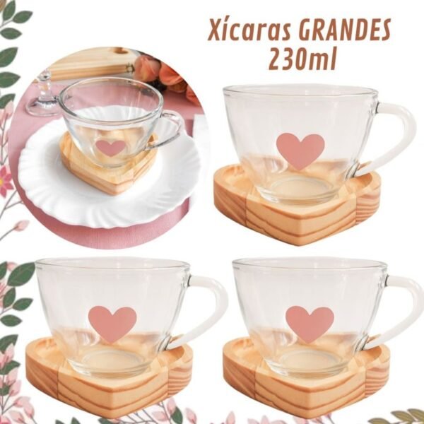 Jogo Xícaras Café Chá e Pires Madeira Coração Cantinho do Café Presente Decoração Cozinha Rosa