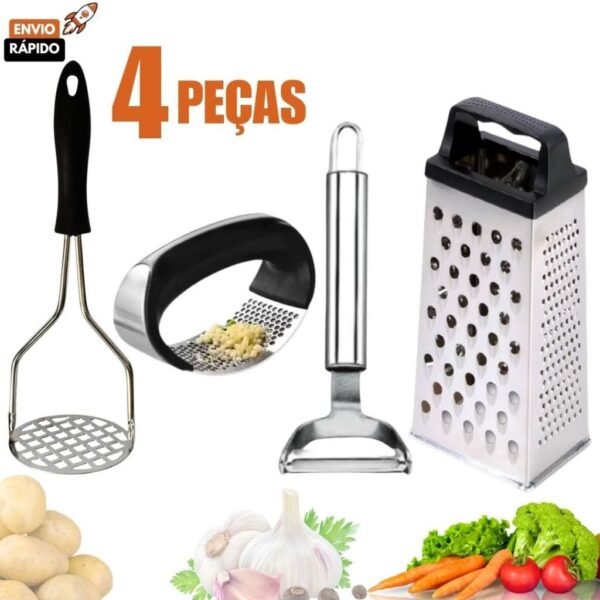 Jogo 4 Peças Ralador 4 Faces Amassador Batata Amassador Alho Descascador de Legumes em Aço Inox