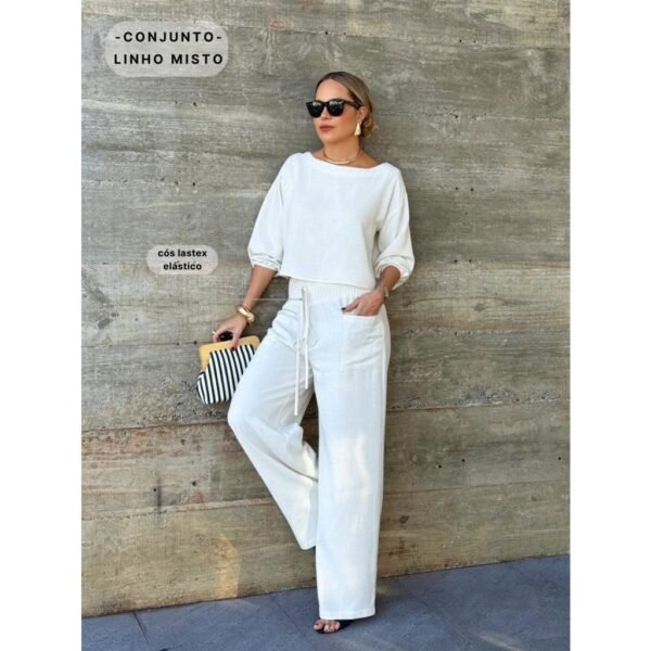Conjunto em Linho Misto: Pantalona e Blusa Decote Canoa, Manga 3/4