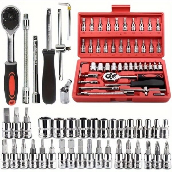 Kit de ferramentas 46 peças jogo soquetes chave catraca reversível com maleta completo