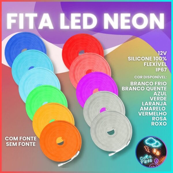 Fita de Led Mangueira Neon 5 Metros Alto Brilho Flexivel Siliconada IP65 Com ou Sem Fonte