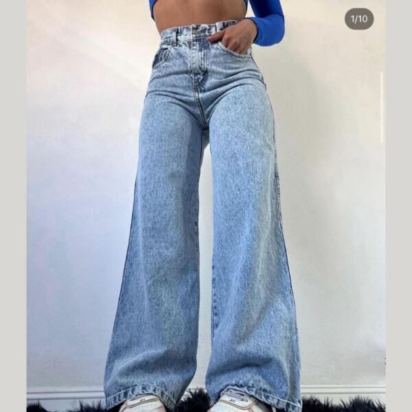 Calça jeans feminina wide leg marmorizada cintura alta sem lycra