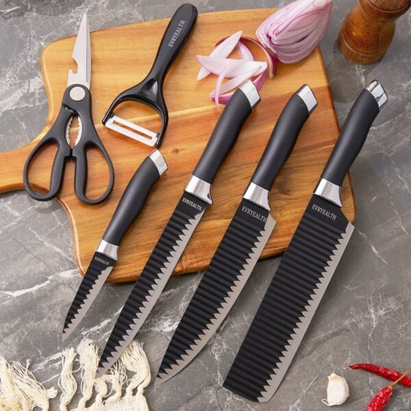 Kit de Conjunto Facas Coloridas/Pretos Tesoura Descascador Cozinha Gourmet 6 Peças