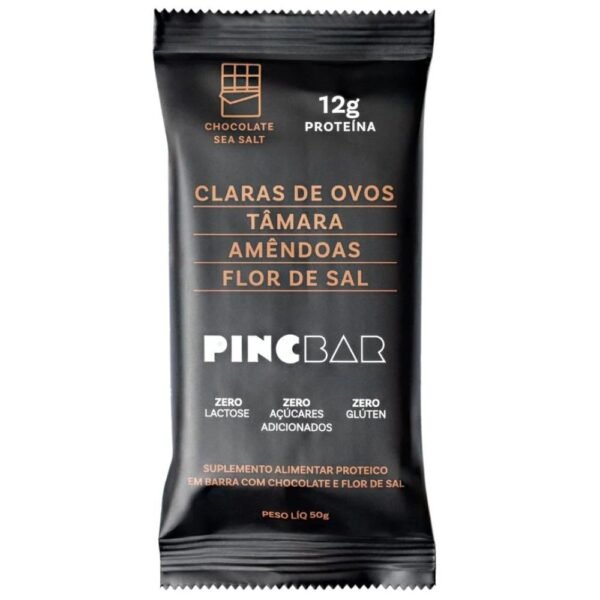Barra de proteína pincbar chocolate sea salt, claras ovos, tâmara, amêndoas, flor sal 50g