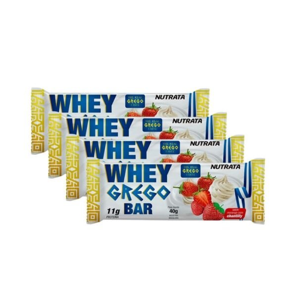 Kit 4 Barra de Proteína Whey Grego Bar Nutrata Sabor Morango com Chantilly 11g de Proteína 40g
