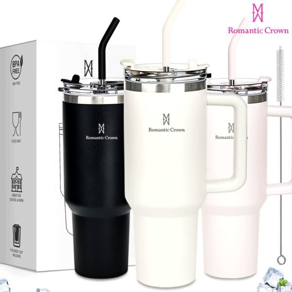 Romantic crown copo térmico inox portátil 1200ml/1.2l garrafa térmica inoxidável com tampa e canudo