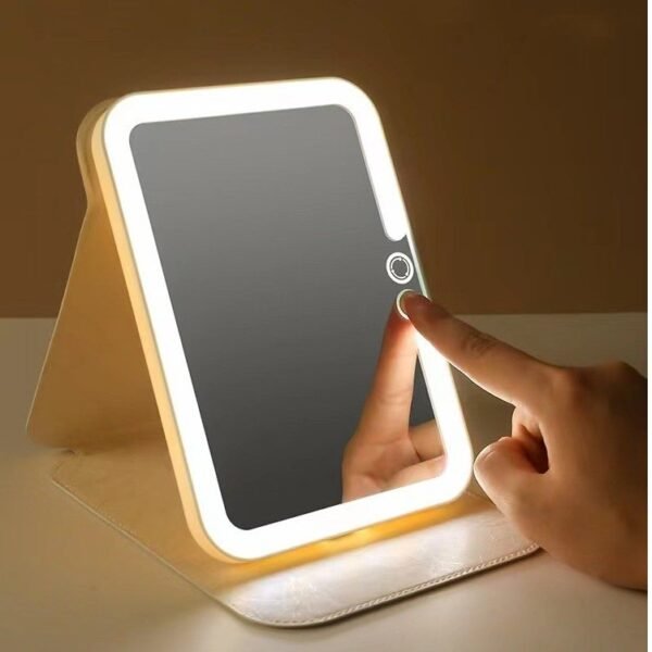 Espelho Decorativo Led Maquiagem Estética Recarregável Quadrado Capa De Couro Portátil Dobrável