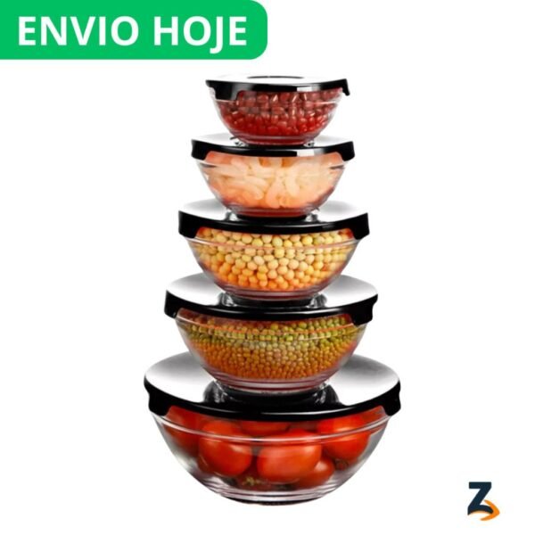 Conjunto tigela vidro bowl marmita tampa 5 peças herméticos preto vermelho e azul