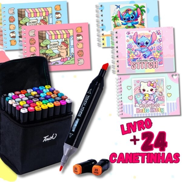 Kit 24 Canetinhas + Livro De Colorir Capa Dura Stitch Angel Hello Kitty Outros 50 desenhos Páginas 180g A5