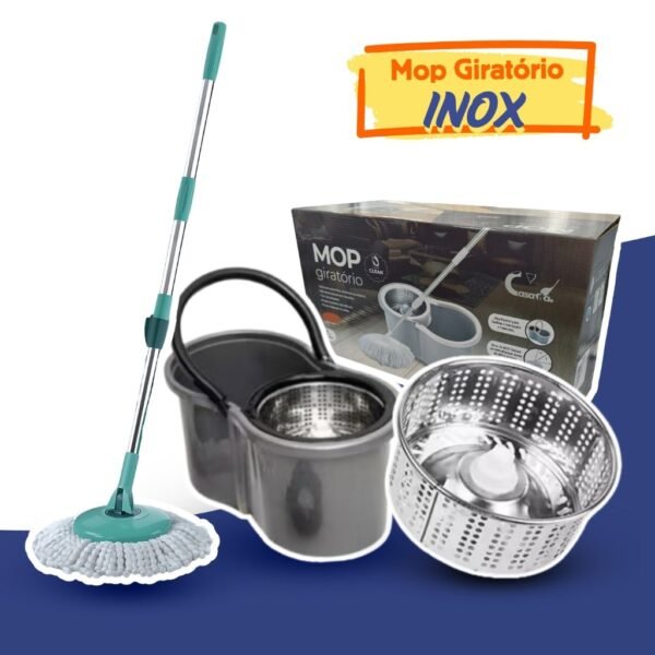 Mop Com Centrifuga Inox e Cabo em Inox Com Refil de Microfibra 9 Litros Mopi