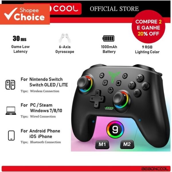 Beboncool controlador de gamepad sem fio bluetooth rgb para nintendo switch oled/lite/pc