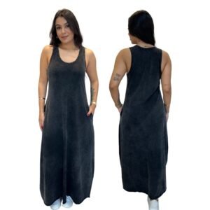 Vestido Regata Longo Estonado com Bolsos 100% Algodão Malha Confortável Visual Vintage Feminino live