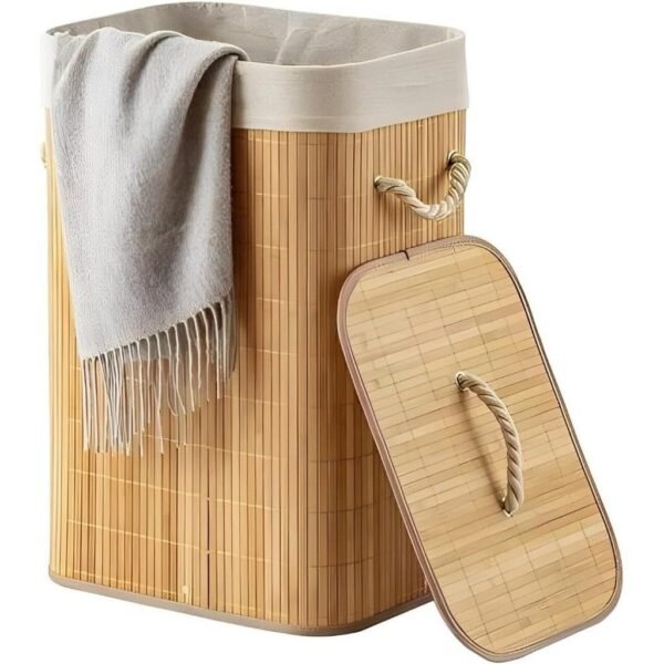 Cesto de roupa suja bambu dobravel organizador forrado banheiro 60cm grande retangular