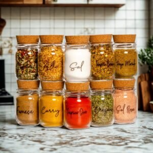 10 porta tempero 200ml + cartela de adesivo com 42 temperos | pote vidro para