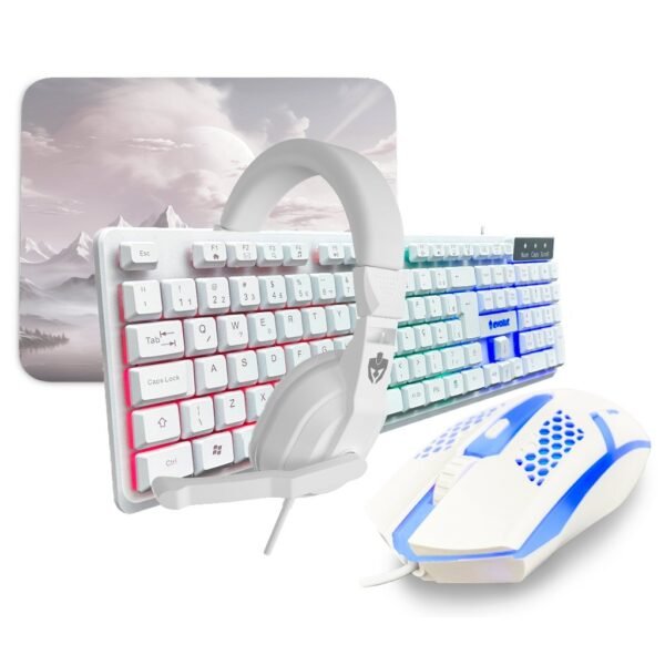 Kit gamer branco teclado mouse pad headset com fio led rgb usb periférico computador pc