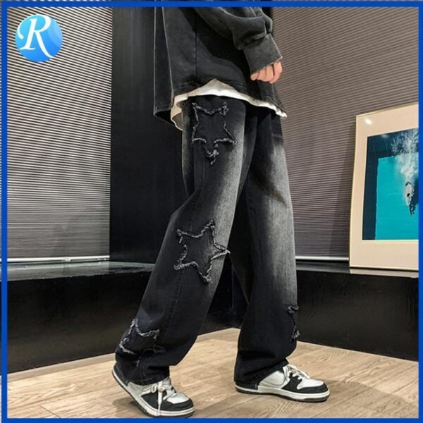 Calça jeans bordada hip hop de ganga masculina casual solta perna larga cintura alta frio para primavera outono