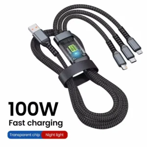 100w 3 em 1 lâmpada piloto transparente cabo de carregamento super rápido 6a universal com tipo c usb micro para samsung huawei xiaomi iphone