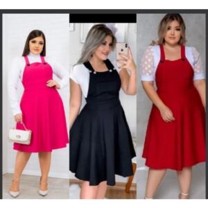 Vestidos moda evangélica jardineira salopete rodada godê plus size