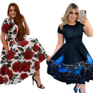 Vestido plus size moda evangélica social estampado azul rodado evasê floral mais vendido na promoção