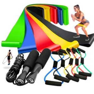 Kit treine em casa completo elástico extensor cross tube + com 5 faixa corda de pular