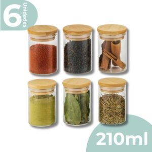Kit 6 pote de vidro porta tempero mantimentos redondo borossilicato tampa bambu 210ml