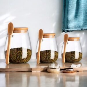 3 pote de vidro hermético tampa bambu com colher 410/650/1l