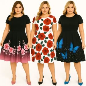 Vestido plus size estampado rodado godê moda evangélica com mangas
