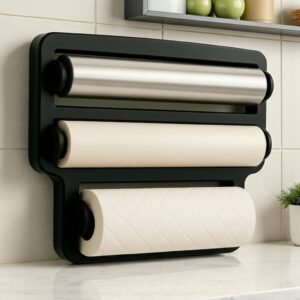 Porta rolos 3 em 1 preto – papel toalha, filme e alumínio com ganchos