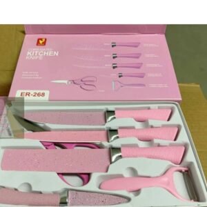 Jogo de facas inox descascador e tesoura 6 peças rosa