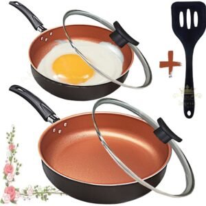 Kit 2 frigideira alta 24cm e 18cm preto cobre com tampa de vidro espátula antiaderente 5 camadas teflon funda grossa