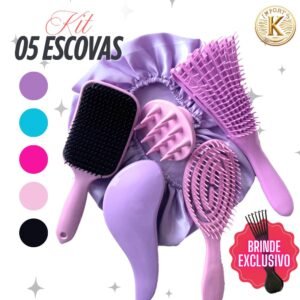 Kit 5 escovas de cabelo + touca cetim – raquete fashion, mágica, polvo, massageadora silicone