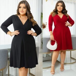 Vestido rodado godê evangélica casamento civil plus size festa manga longa 3/4 decote v