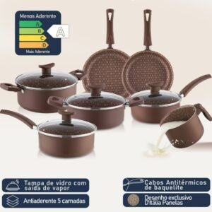 Jogo de panelas d'itália 10 peças disegno marrom antiaderente tampa vidro com desenho exclusivo