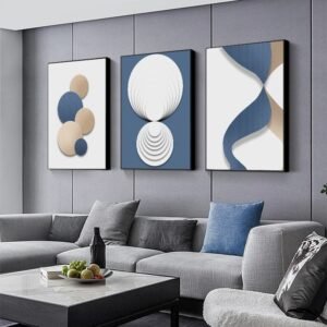 Quadro decorativo 3 peças 40x60 abstrato moderno azul branco ouro geométrico decoração para casa sala quarto hall