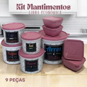 Kit 9 potes 5 mantimentos linha econômica + 4 marmitas quadradas 500 ml armazenamento de alimentos