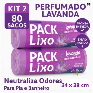 Sacos de lixo perfumados lavanda | kit 2 com 80 para pia e banheiro 34x38cm neutraliza odores