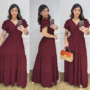 Vestido longo feminino saia 3 maria manga curta babado madrinha evangelico casamento dia das mães