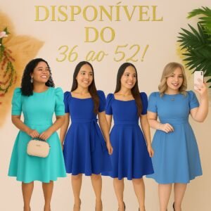 Vestidos evangélicos plus size social midi rodado evasê azul com cinto manga bufante