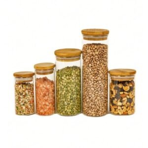Kit 5 potes de vidro para mantimentos com tampa bambu pequeno 200ml 250ml 300ml 400ml 550ml