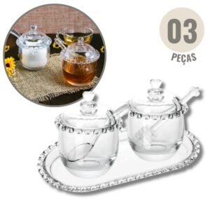 Kit açucareiro meleira travessa 3 peças coração bolinha em vidro lyor